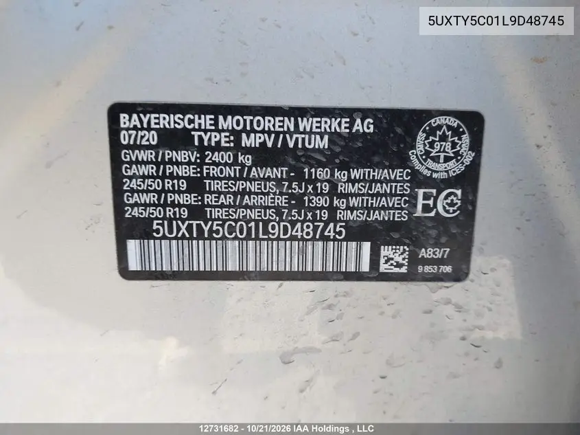 2020 BMW X3 VIN 5UXTY5C01L9D48745 — фото 18