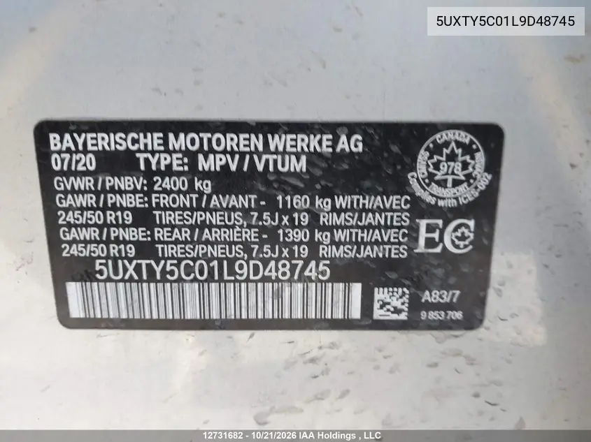 2020 BMW X3 VIN 5UXTY5C01L9D48745 — фото 9