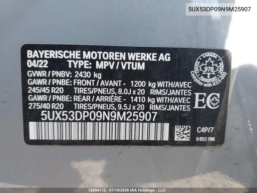 2022 BMW X3 VIN 5UX53DP09N9M25907 — фото 19
