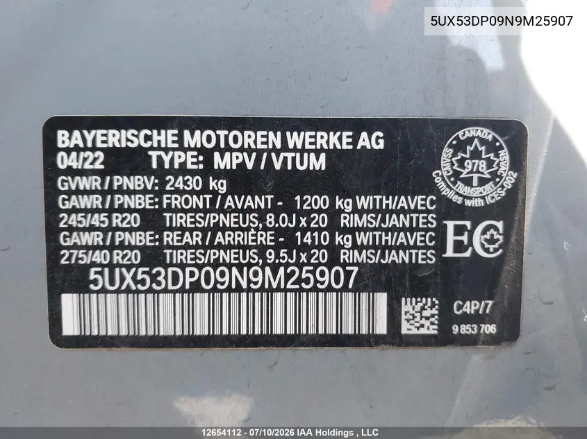2022 BMW X3 VIN 5UX53DP09N9M25907 — фото 9