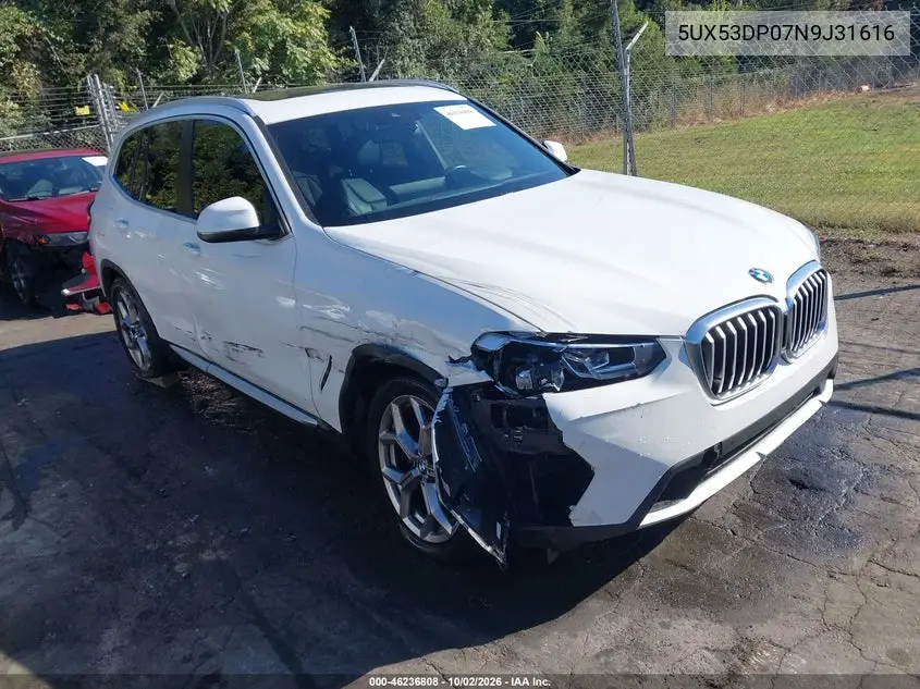 BMW X3 2022, VIN 5UX53DP07N9J31616