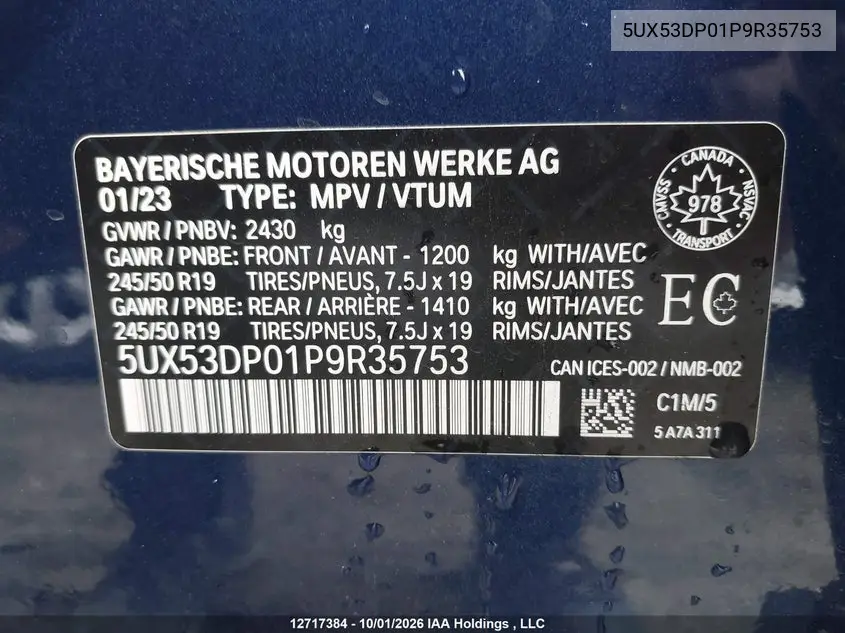 2023 BMW X3 VIN 5UX53DP01P9R35753 — фото 9
