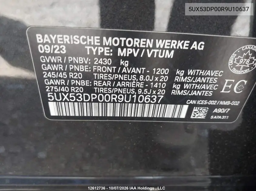 2024 BMW X3 VIN 5UX53DP00R9U10637 — фото 9