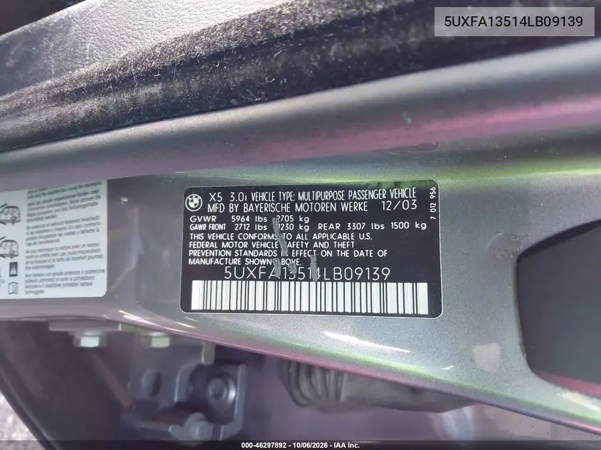 2004 BMW X5 VIN 5UXFA13514LB09139 — фото 9