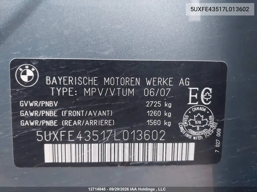 2007 BMW X5 VIN 5UXFE43517L013602 — фото 9