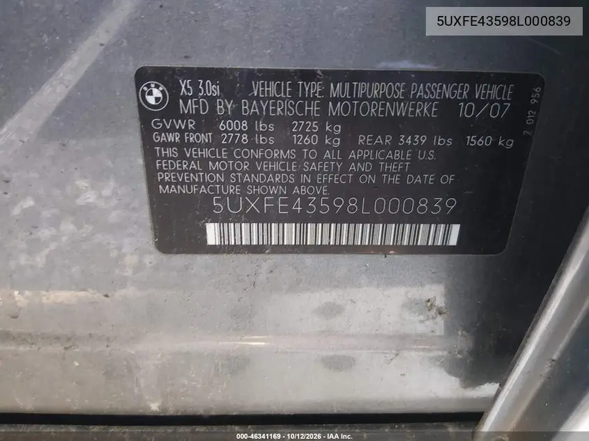 2008 BMW X5 VIN 5UXFE43598L000839 — фото 9