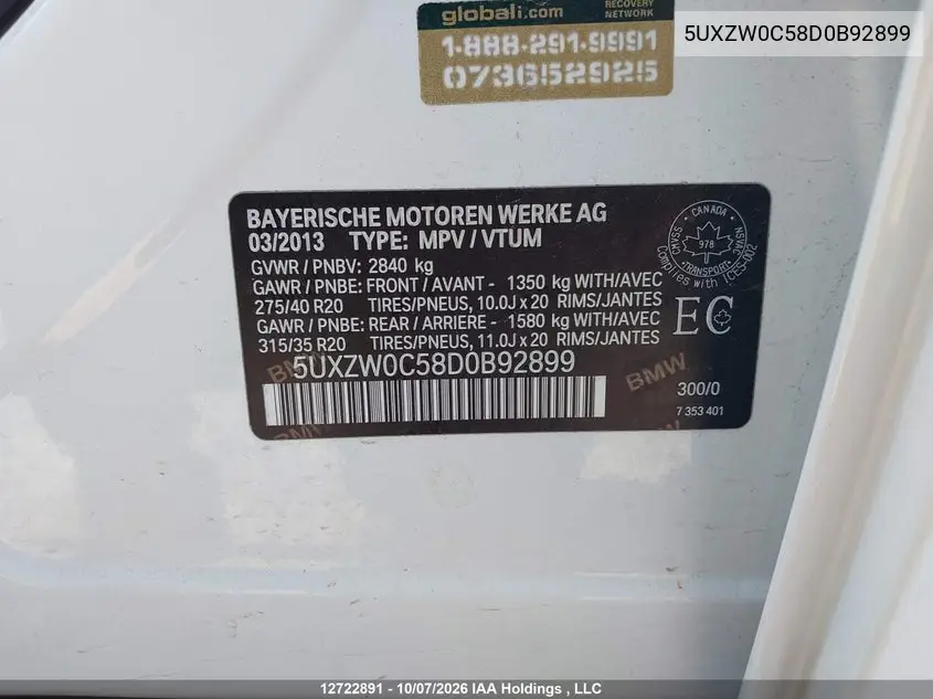 2013 BMW X5 VIN 5UXZW0C58D0B92899 — фото 9