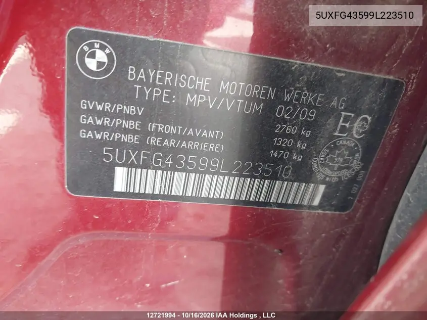 2009 BMW X6 VIN 5UXFG43599L223510 — фото 17