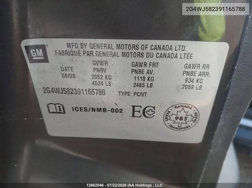 2009 BUICK ALLURE VIN 2G4WJ582391165788 — фото 9