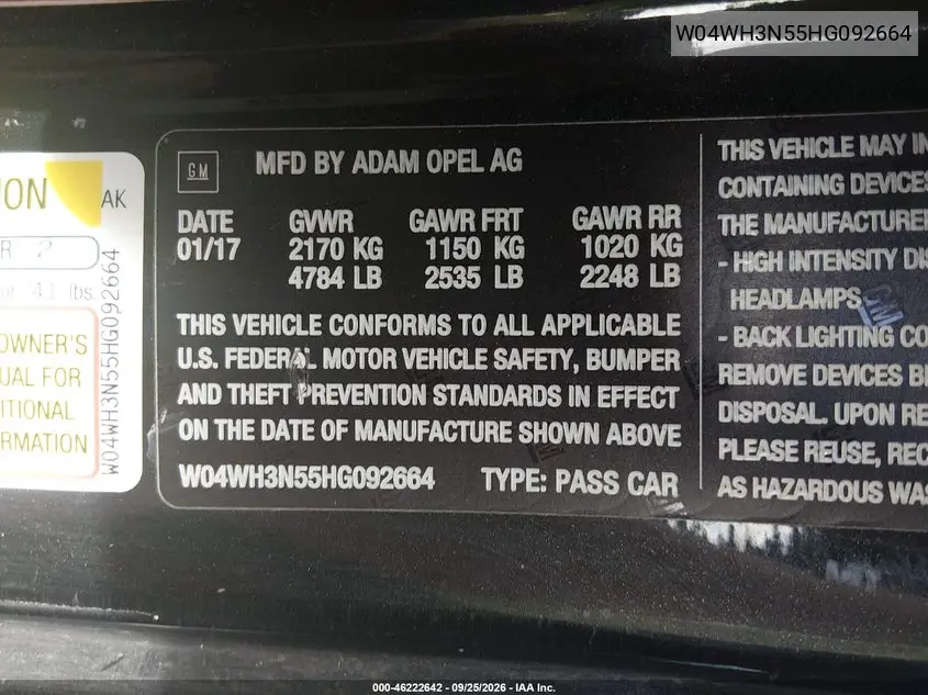 2017 BUICK CASCADA VIN W04WH3N55HG092664 — фото 9