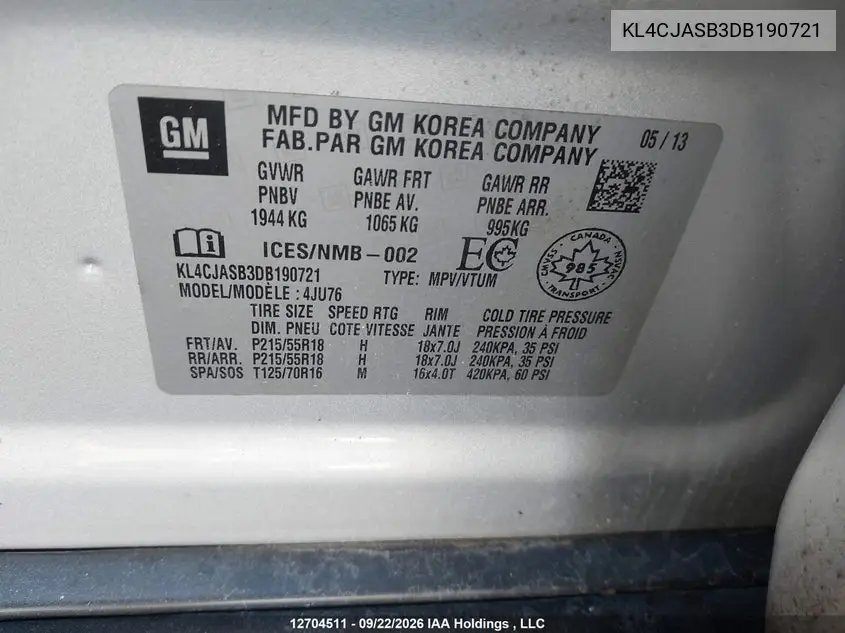 2013 BUICK ENCORE VIN KL4CJASB3DB190721 — фото 9