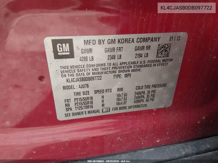 2013 BUICK ENCORE VIN KL4CJASB0DB097722 — фото 9