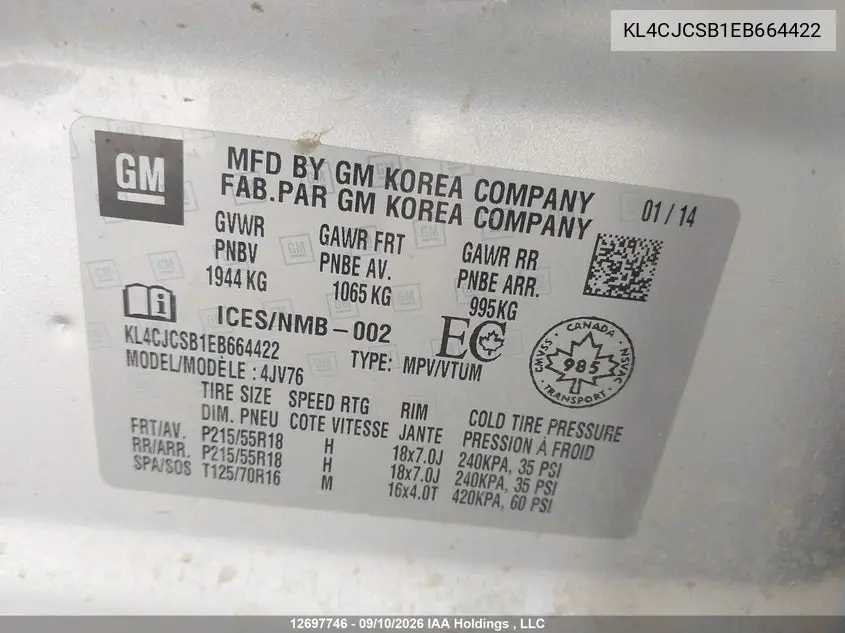2014 BUICK ENCORE VIN KL4CJCSB1EB664422 — фото 19