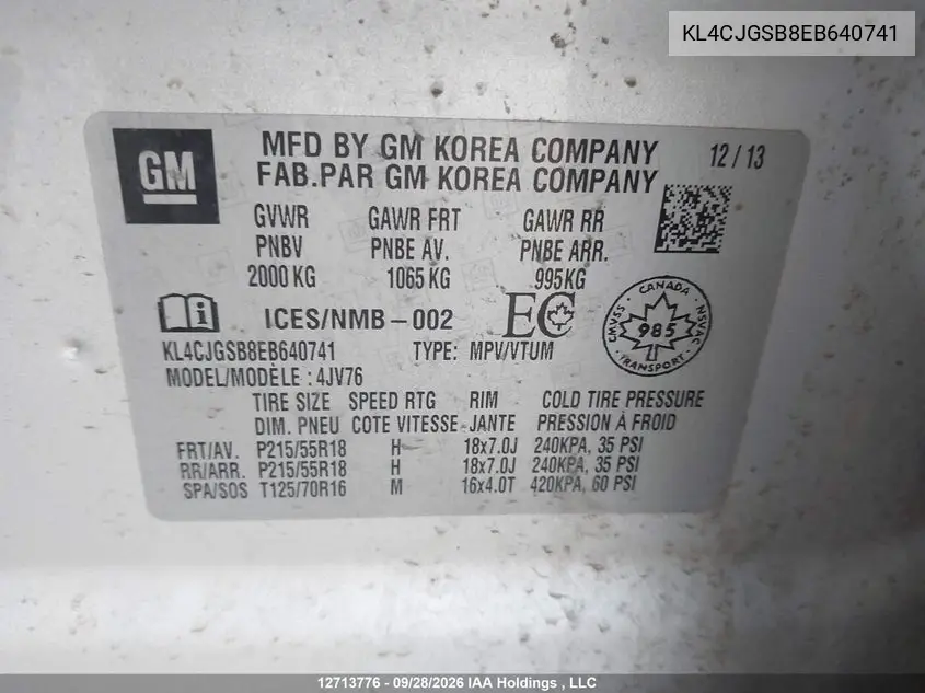 2014 BUICK ENCORE VIN KL4CJGSB8EB640741 — фото 18
