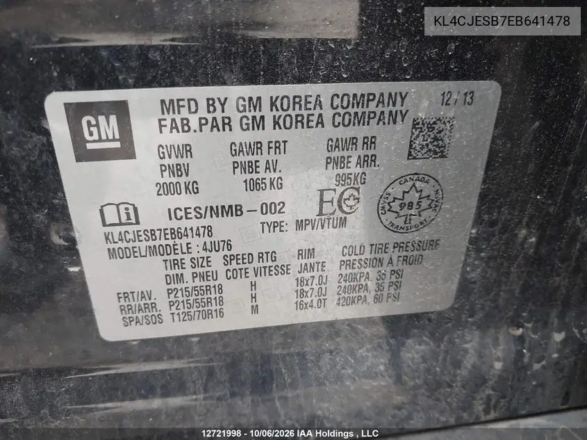 2014 BUICK ENCORE VIN KL4CJESB7EB641478 — фото 9