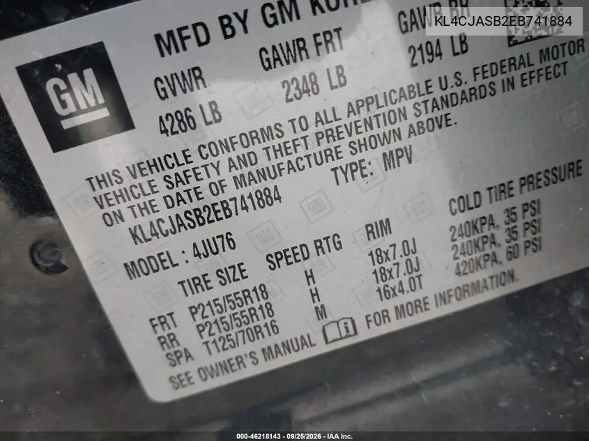 2014 BUICK ENCORE VIN KL4CJASB2EB741884 — фото 9