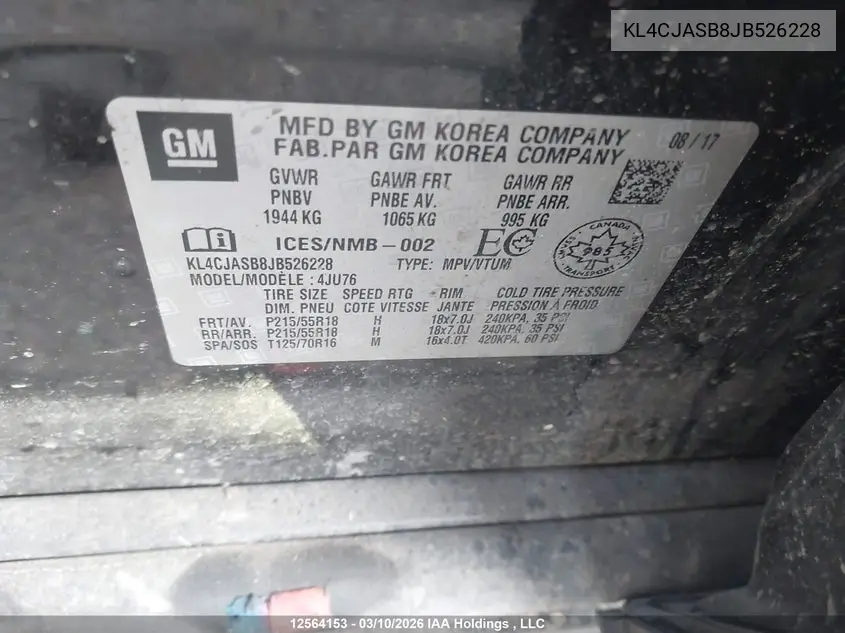 2018 BUICK ENCORE VIN KL4CJASB8JB526228 — фото 9