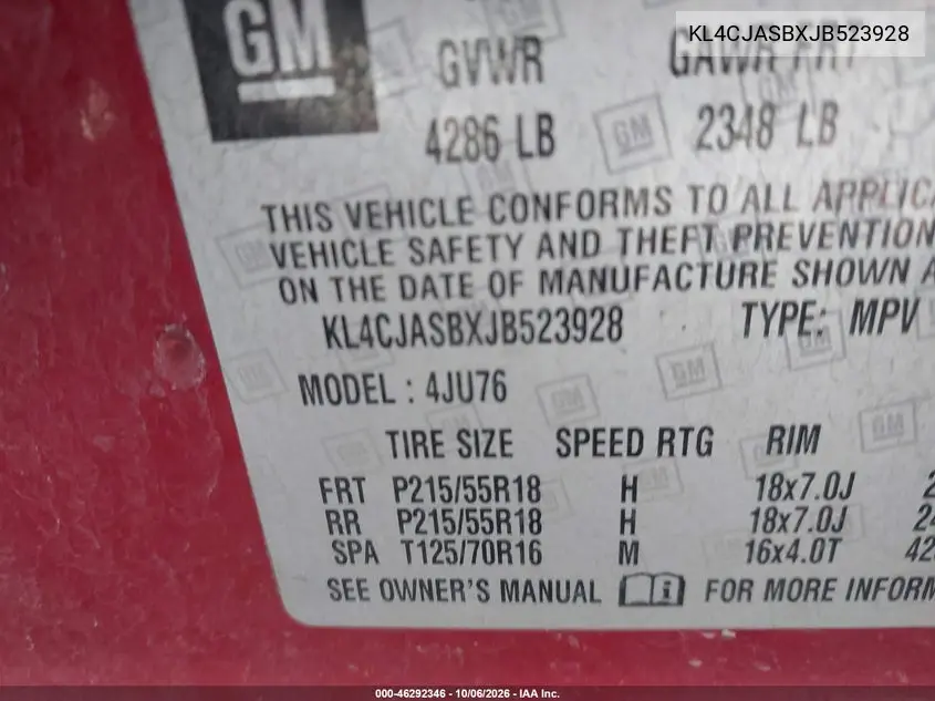 2018 BUICK ENCORE VIN KL4CJASBXJB523928 — фото 9