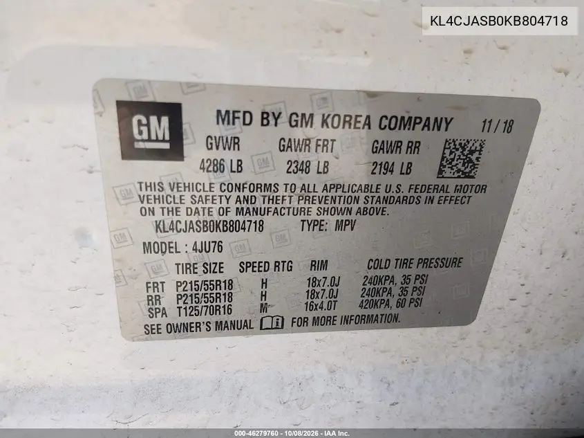 2019 BUICK ENCORE VIN KL4CJASB0KB804718 — фото 8