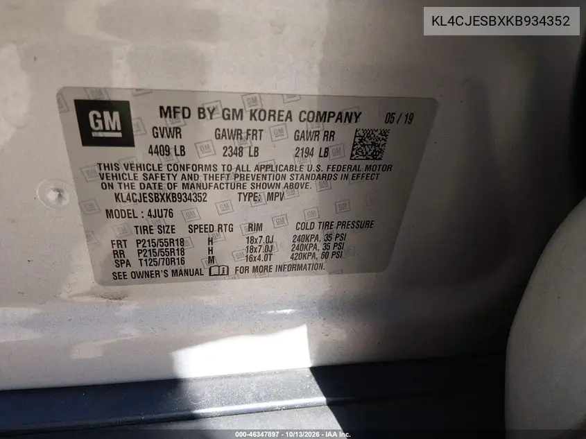 2019 BUICK ENCORE VIN KL4CJESBXKB934352 — фото 9