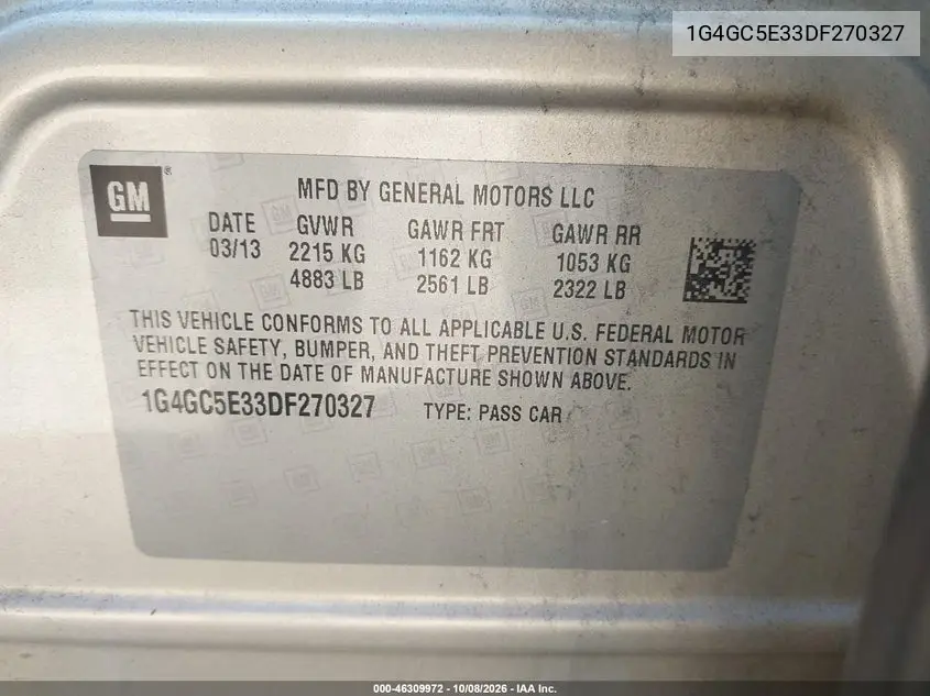 2013 BUICK LACROSSE VIN 1G4GC5E33DF270327 — фото 9