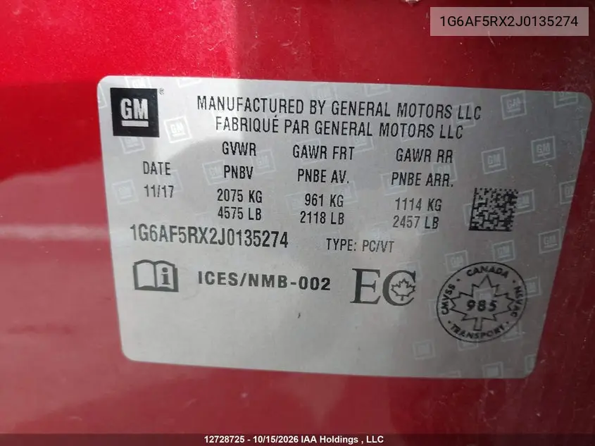 2018 CADILLAC ATS VIN 1G6AF5RX2J0135274 — фото 19