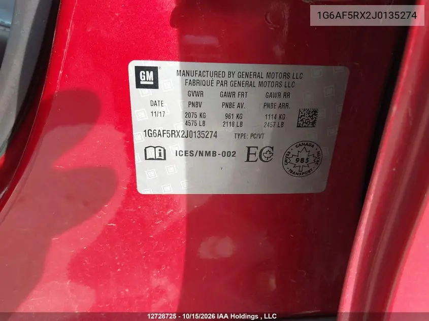 2018 CADILLAC ATS VIN 1G6AF5RX2J0135274 — фото 9