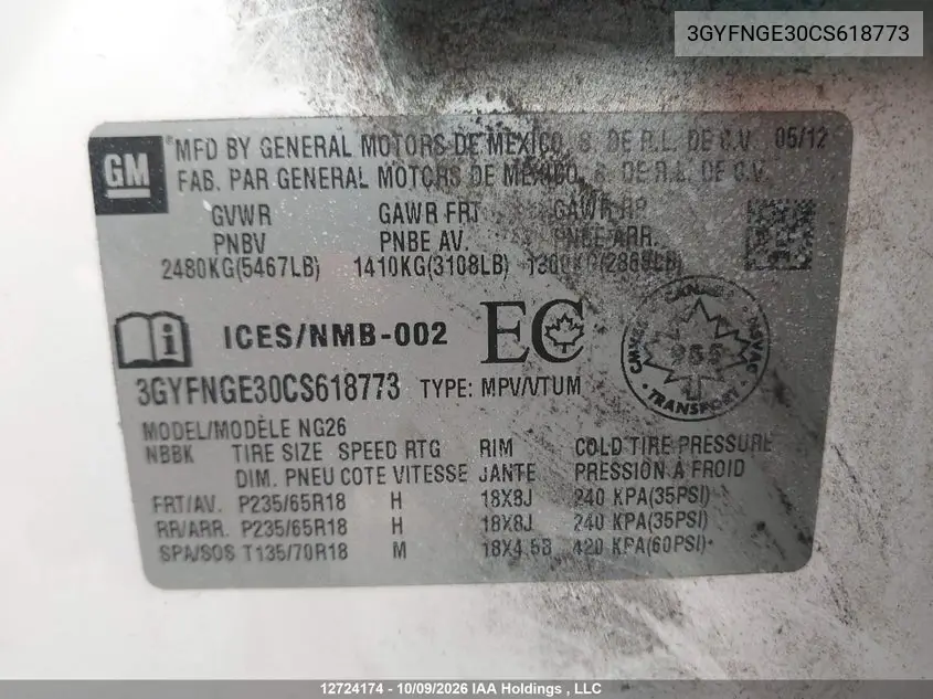 2012 CADILLAC SRX VIN 3GYFNGE30CS618773 — фото 18
