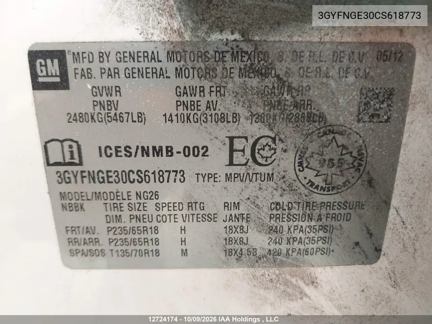 2012 CADILLAC SRX VIN 3GYFNGE30CS618773 — фото 9