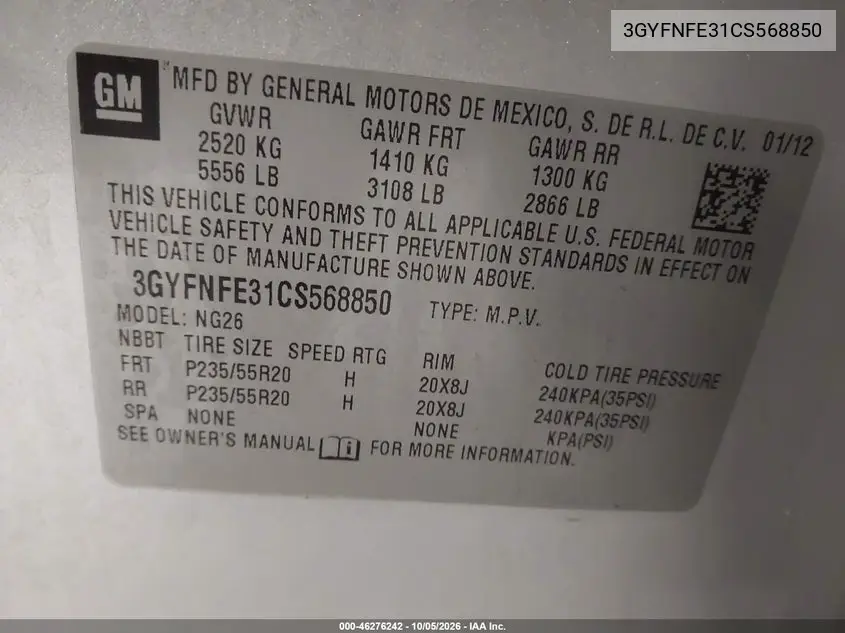 2012 CADILLAC SRX VIN 3GYFNFE31CS568850 — фото 9