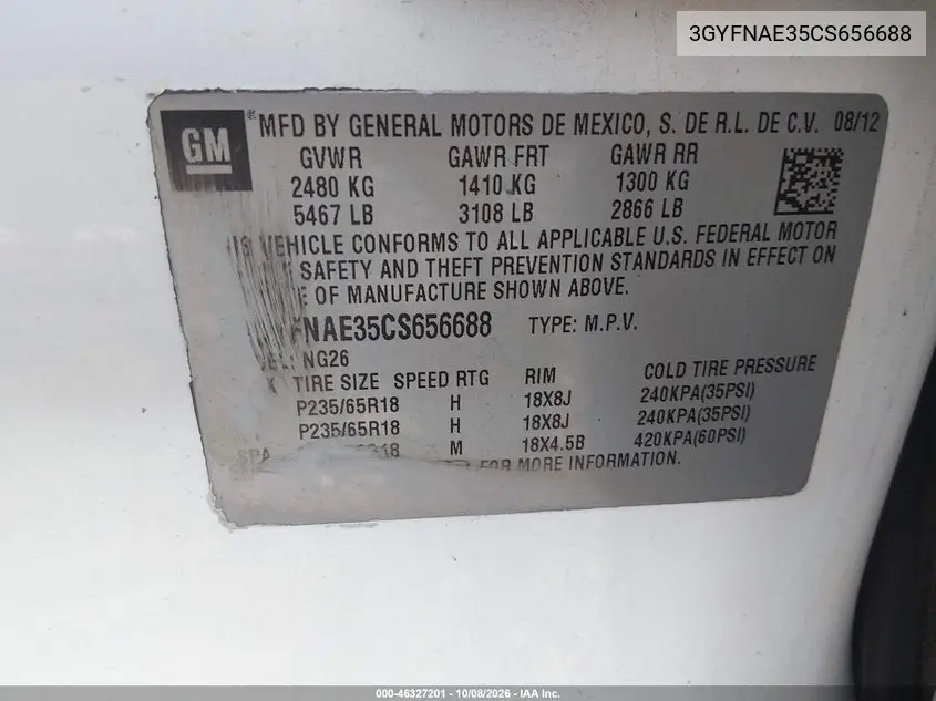 2012 CADILLAC SRX VIN 3GYFNAE35CS656688 — фото 9