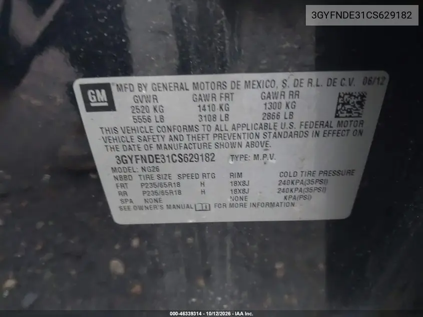 2012 CADILLAC SRX VIN 3GYFNDE31CS629182 — фото 9