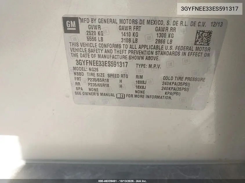 2014 CADILLAC SRX VIN 3GYFNEE33ES591317 — фото 9