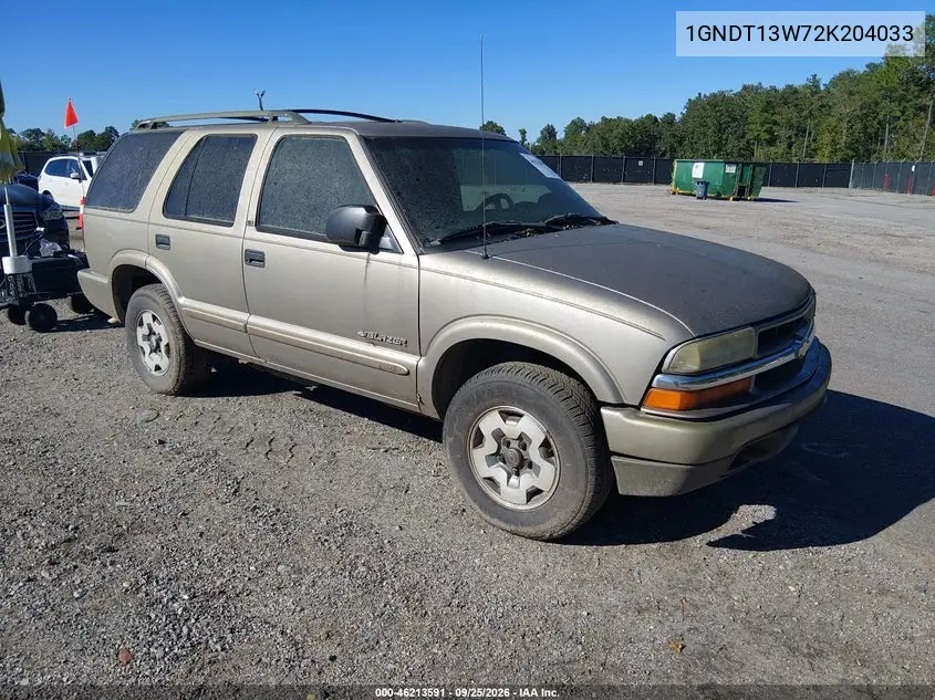 CHEVROLET BLAZER 2002, VIN 1GNDT13W72K204033
