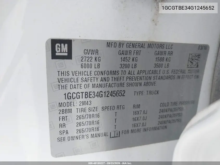 2016 CHEVROLET COLORADO VIN 1GCGTBE34G1245652 — фото 9