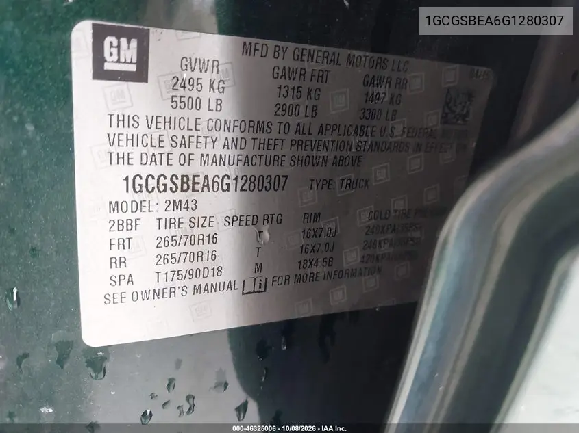 2016 CHEVROLET COLORADO VIN 1GCGSBEA6G1280307 — фото 9