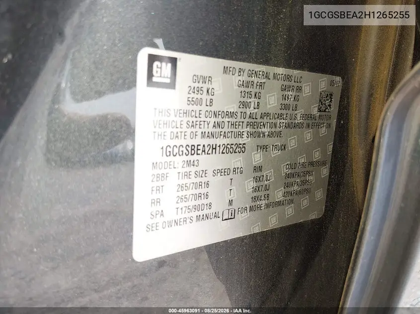 2017 CHEVROLET COLORADO VIN 1GCGSBEA2H1265255 — фото 9