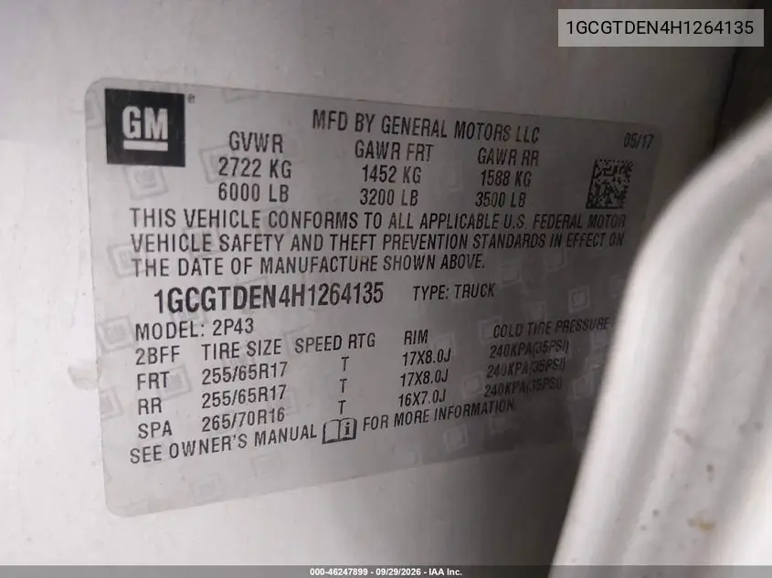 2017 CHEVROLET COLORADO VIN 1GCGTDEN4H1264135 — фото 9