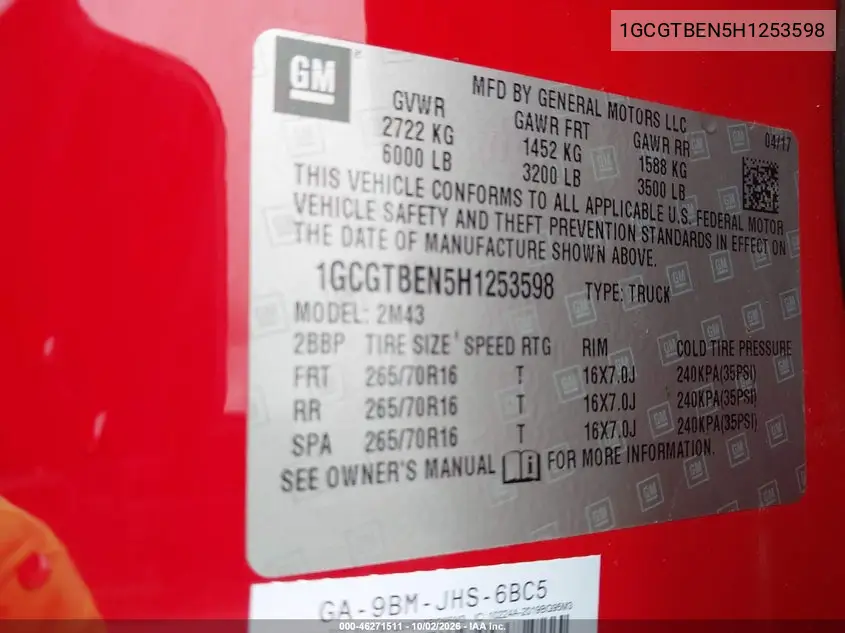 2017 CHEVROLET COLORADO VIN 1GCGTBEN5H1253598 — фото 9