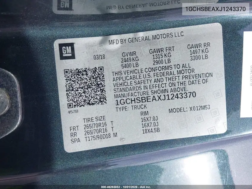 2018 CHEVROLET COLORADO VIN 1GCHSBEAXJ1243370 — фото 9