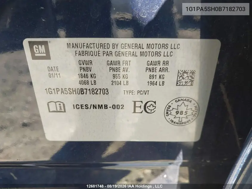 2011 CHEVROLET CRUZE VIN 1G1PA5SH0B7182703 — фото 18