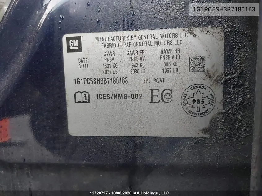 2011 CHEVROLET CRUZE VIN 1G1PC5SH3B7180163 — фото 18