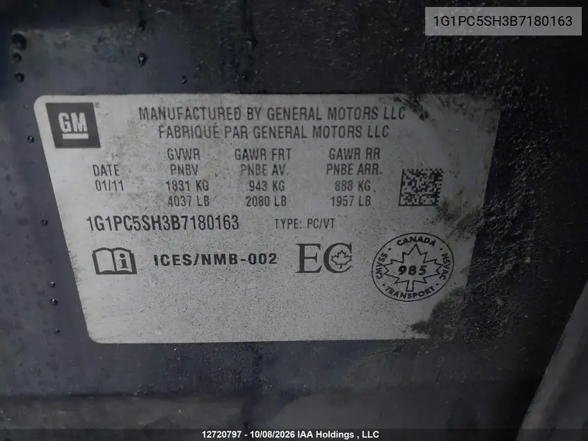 2011 CHEVROLET CRUZE VIN 1G1PC5SH3B7180163 — фото 9