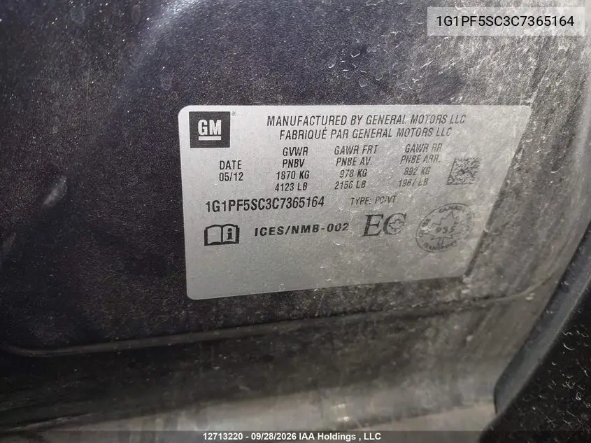 2012 CHEVROLET CRUZE VIN 1G1PF5SC3C7365164 — фото 18