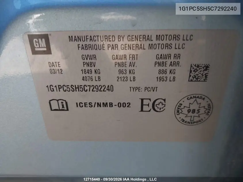 2012 CHEVROLET CRUZE VIN 1G1PC5SH5C7292240 — фото 19