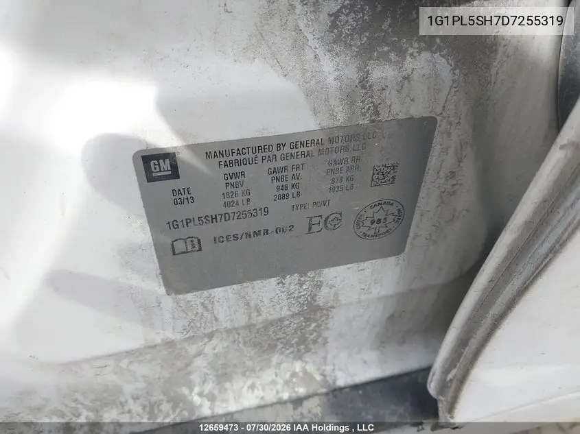 2013 CHEVROLET CRUZE VIN 1G1PL5SH7D7255319 — фото 9