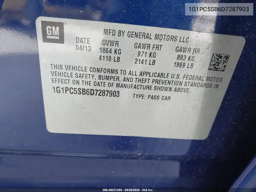 2013 CHEVROLET CRUZE VIN 1G1PC5SB6D7287903 — фото 9