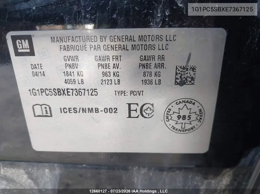 2014 CHEVROLET CRUZE VIN 1G1PC5SBXE7367125 — фото 22