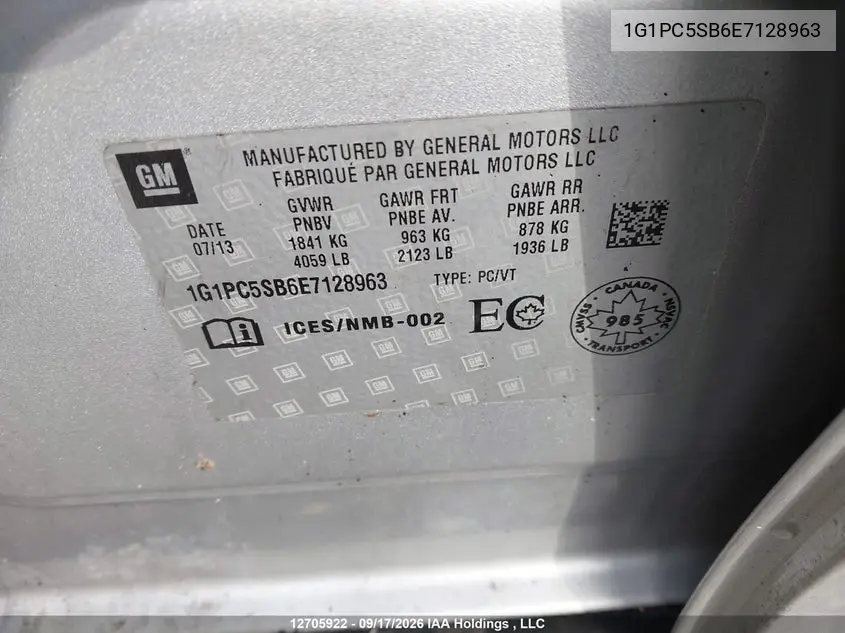 2014 CHEVROLET CRUZE VIN 1G1PC5SB6E7128963 — фото 9