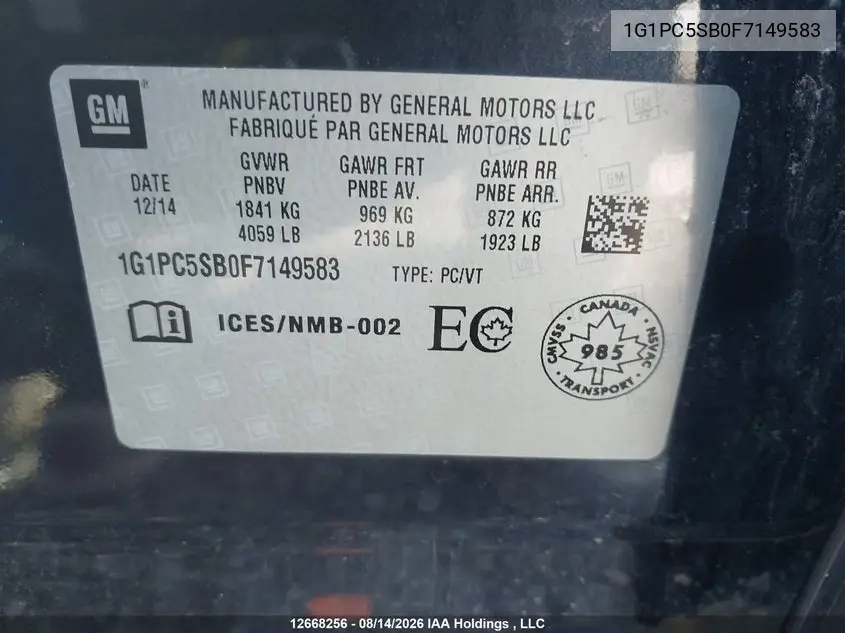 2015 CHEVROLET CRUZE VIN 1G1PC5SB0F7149583 — фото 18